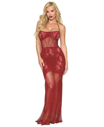 Nuisette longue en résille rouge 